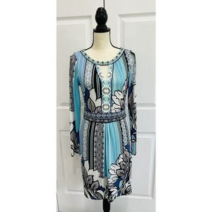 HALE BOB Hiroko Blue Multicolor Beaded Neckline Mesh Lining Jersey Dress Small